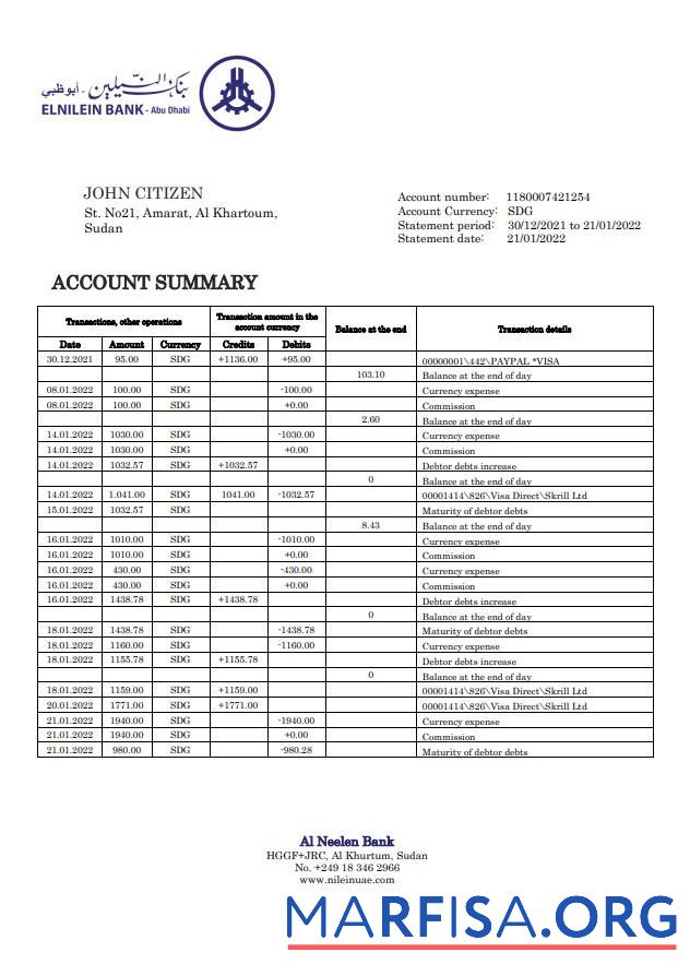 Blank Sudan Al Neelen bank statement word example